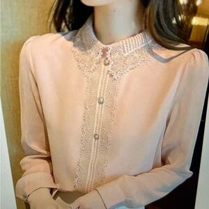 Romantic Terra Bleue Women Pink Lace Collar Sheer Long Sleeve Pearl Buttons XS-S